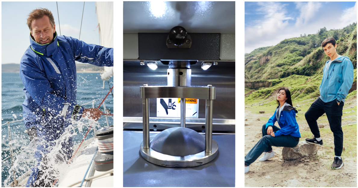 Waterproof sailing jacket in use, hydrostatic pressure testing equipment, and Porlite outdoor garments in real field conditions