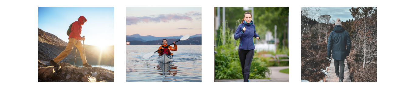 Various outdoor activity scenes including hiking, kayaking, running, and trail walking