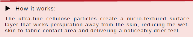 How it works: The ultra-fine cellulose particles create a micro-textured surface layer that wicks perspiration away from the skin, reducing the wet skin-to-fabric contact area and delivering a noticeably drier feel.